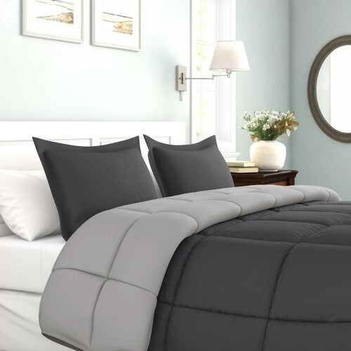 Full/Queen Traditional Microfiber Reversible 3 Piece Comforter Set in Grey-1