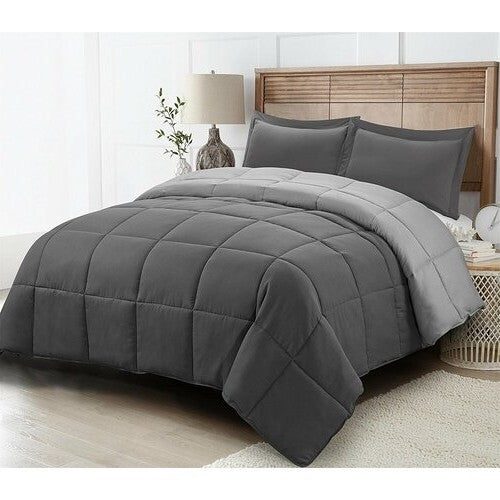 Full/Queen Traditional Microfiber Reversible 3 Piece Comforter Set in Grey-2