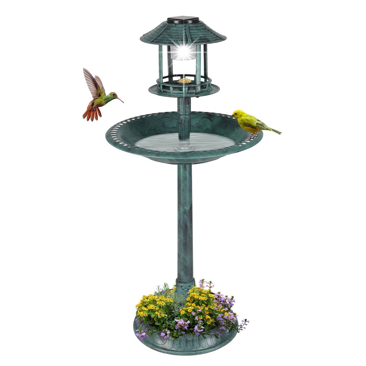 Outdoor Garden Birdbath in Green Copper Patina Finish with Solar Light-0