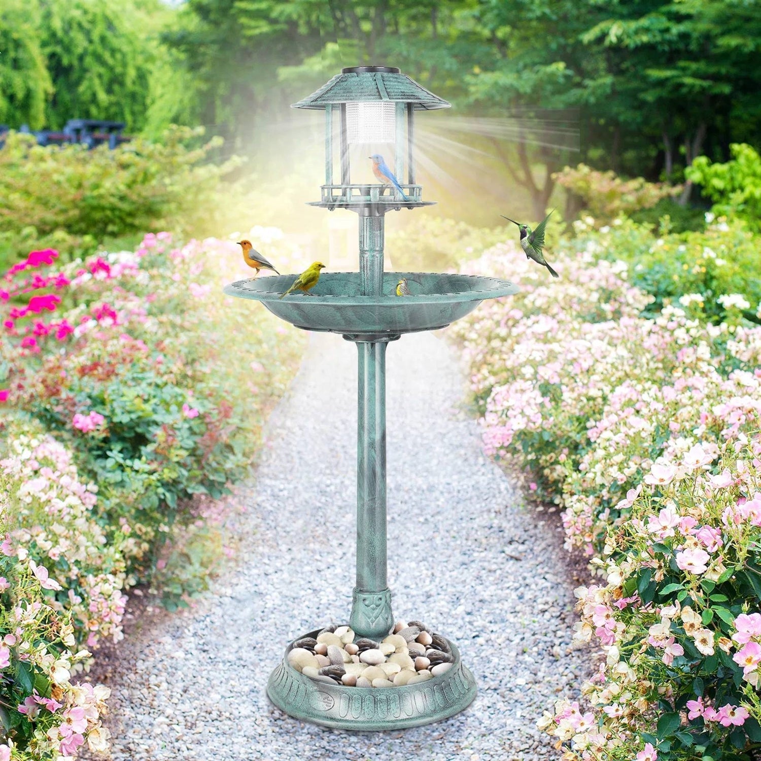 Outdoor Garden Birdbath in Green Copper Patina Finish with Solar Light-1