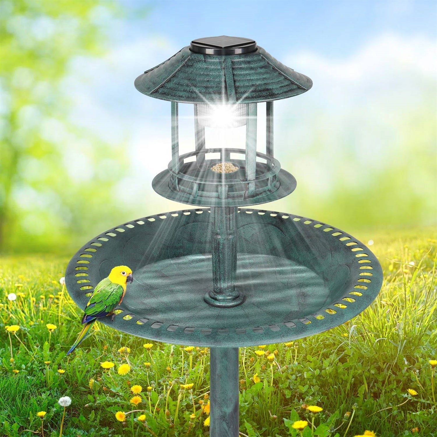 Outdoor Garden Birdbath in Green Copper Patina Finish with Solar Light-2