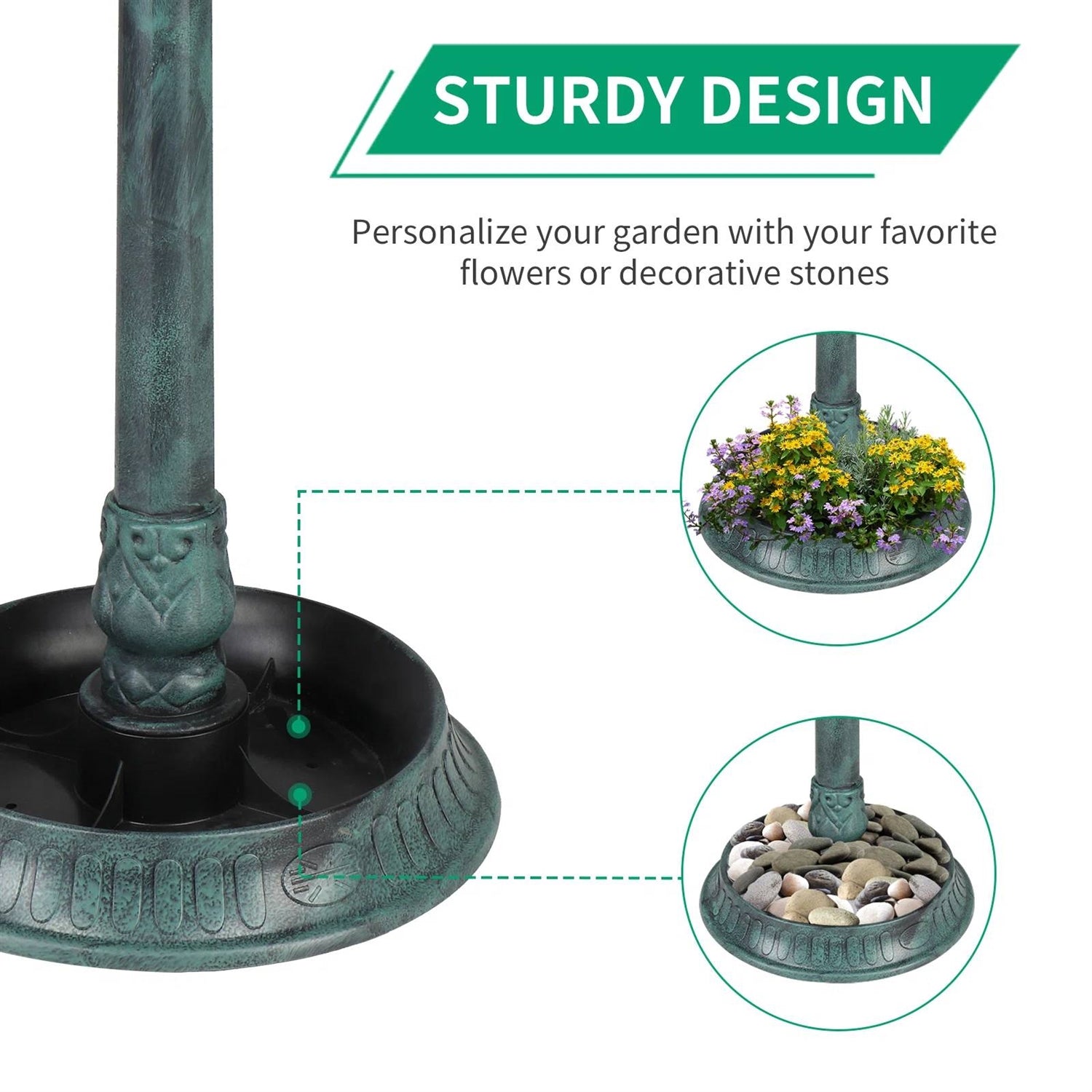 Outdoor Garden Birdbath in Green Copper Patina Finish with Solar Light-3