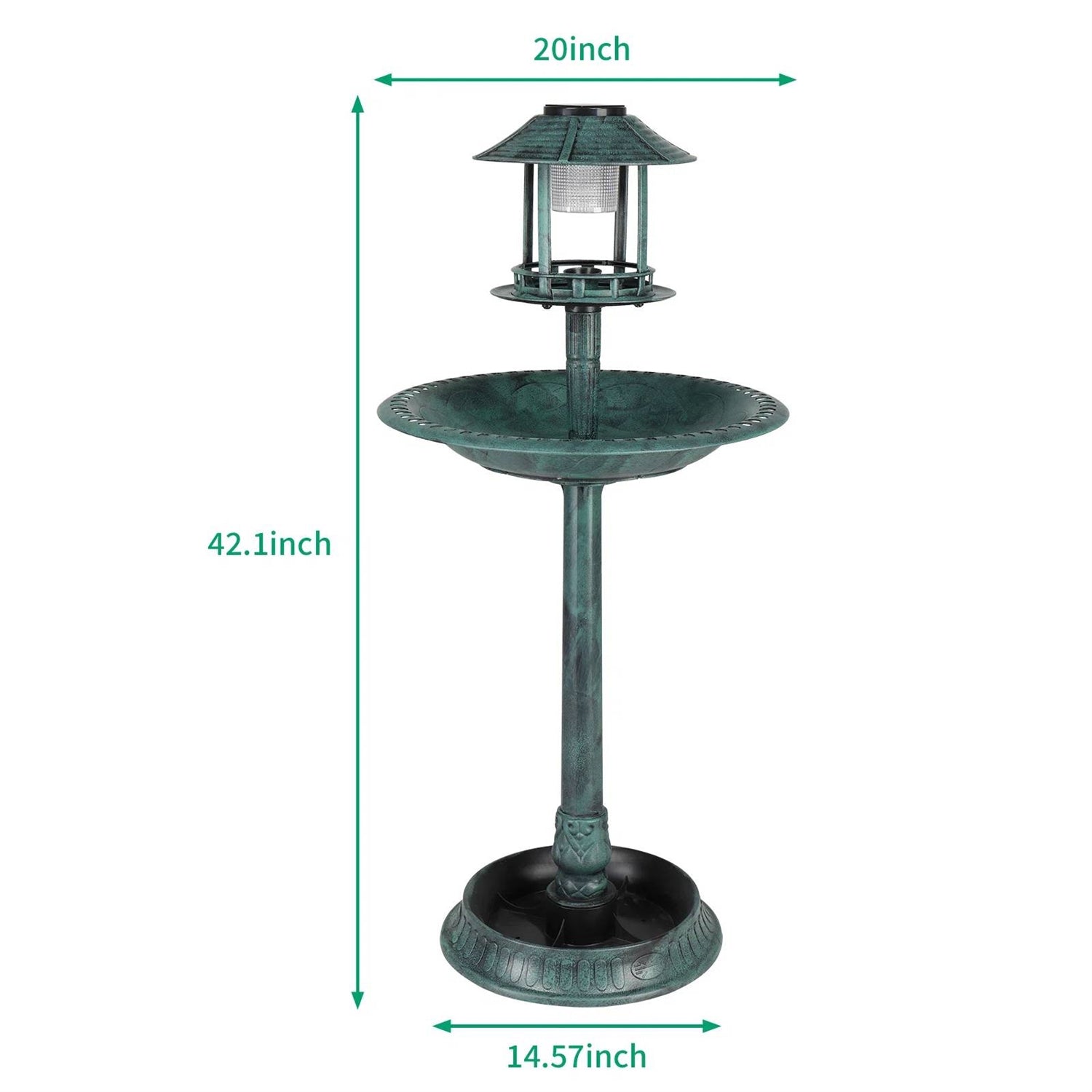 Outdoor Garden Birdbath in Green Copper Patina Finish with Solar Light-4