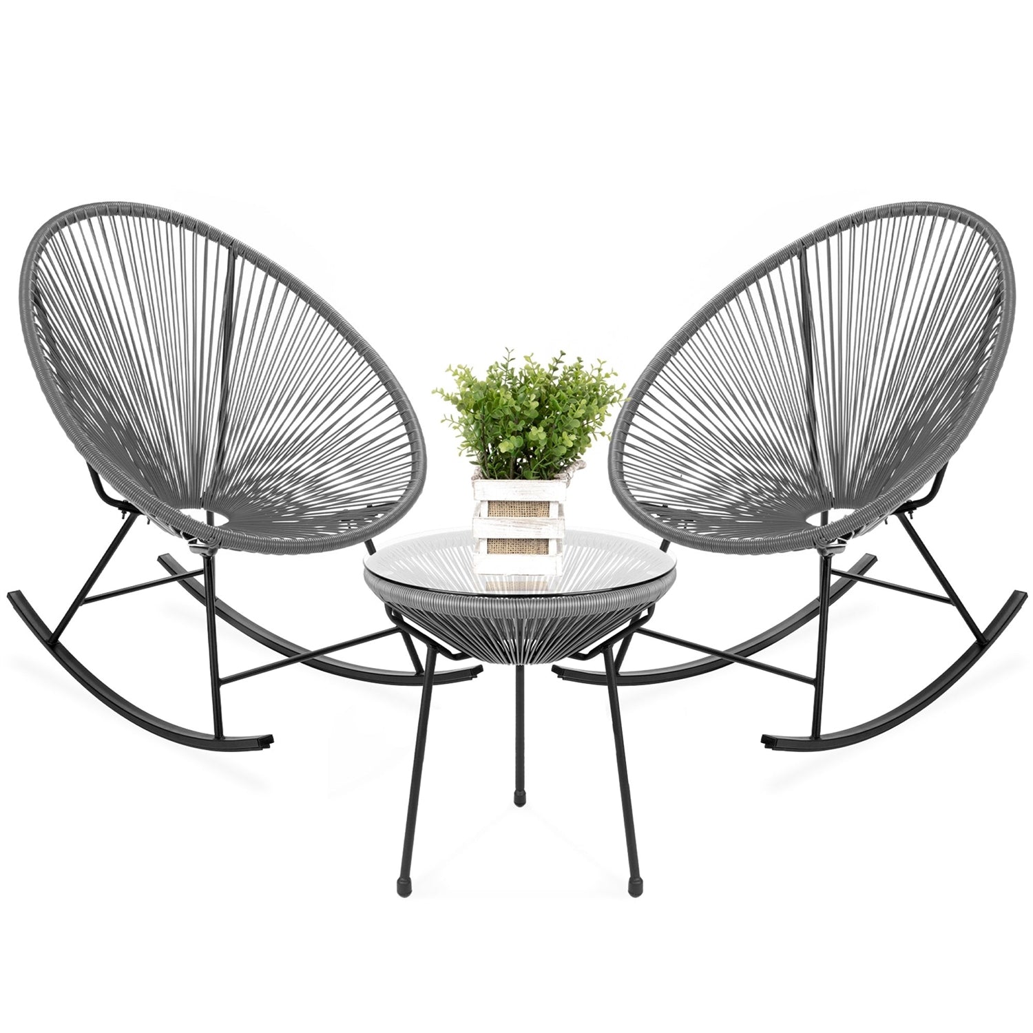 3 Piece Grey Oval Patio Woven Rocking Chair Bistro Set-0