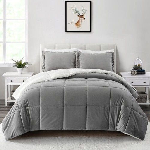 King Plush Microfiber Reversible Comforter Set in Grey-0