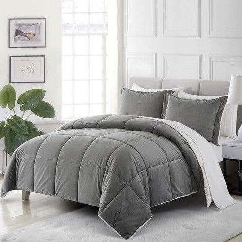 King Plush Microfiber Reversible Comforter Set in Grey-1