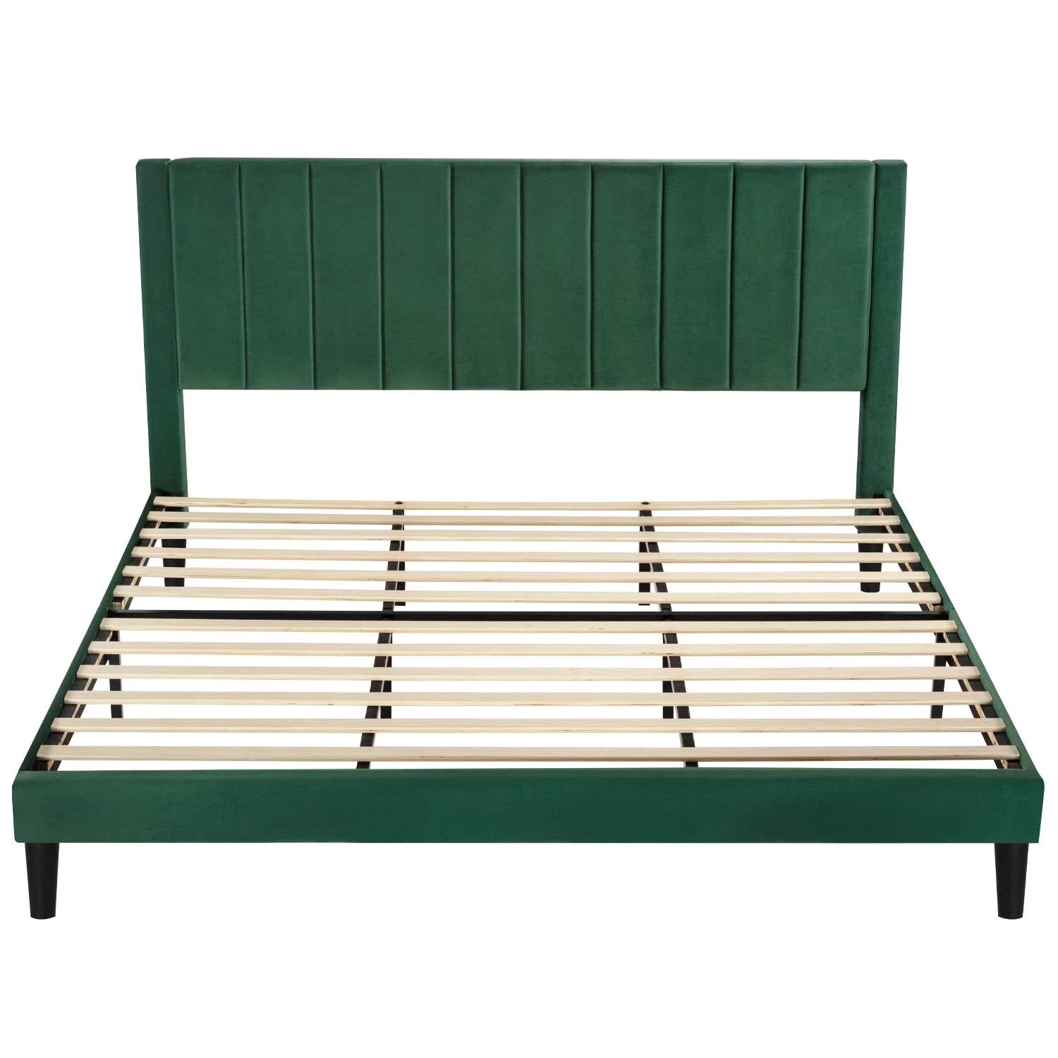 King size Modern Green Velvet Upholstered Platform Bed with Headboard-3