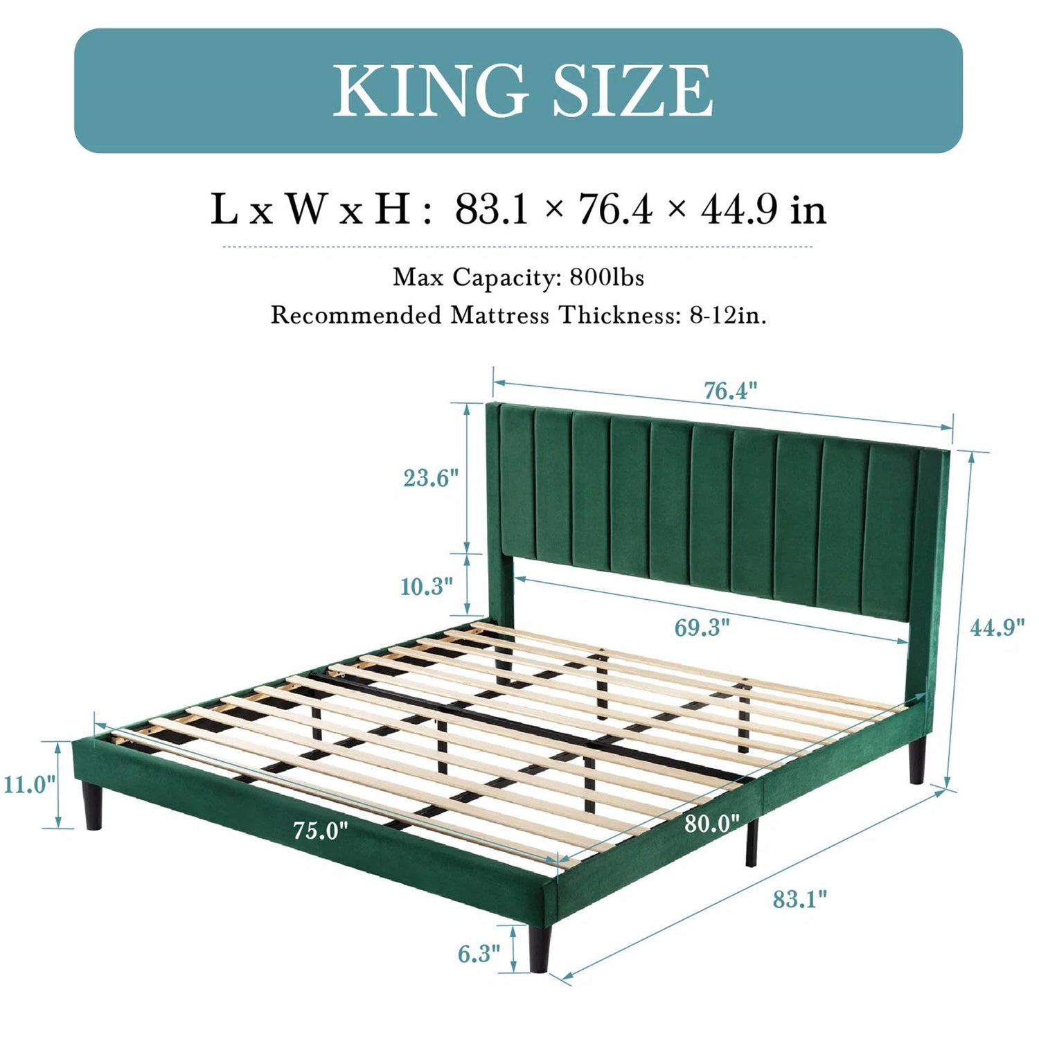 King size Modern Green Velvet Upholstered Platform Bed with Headboard-4