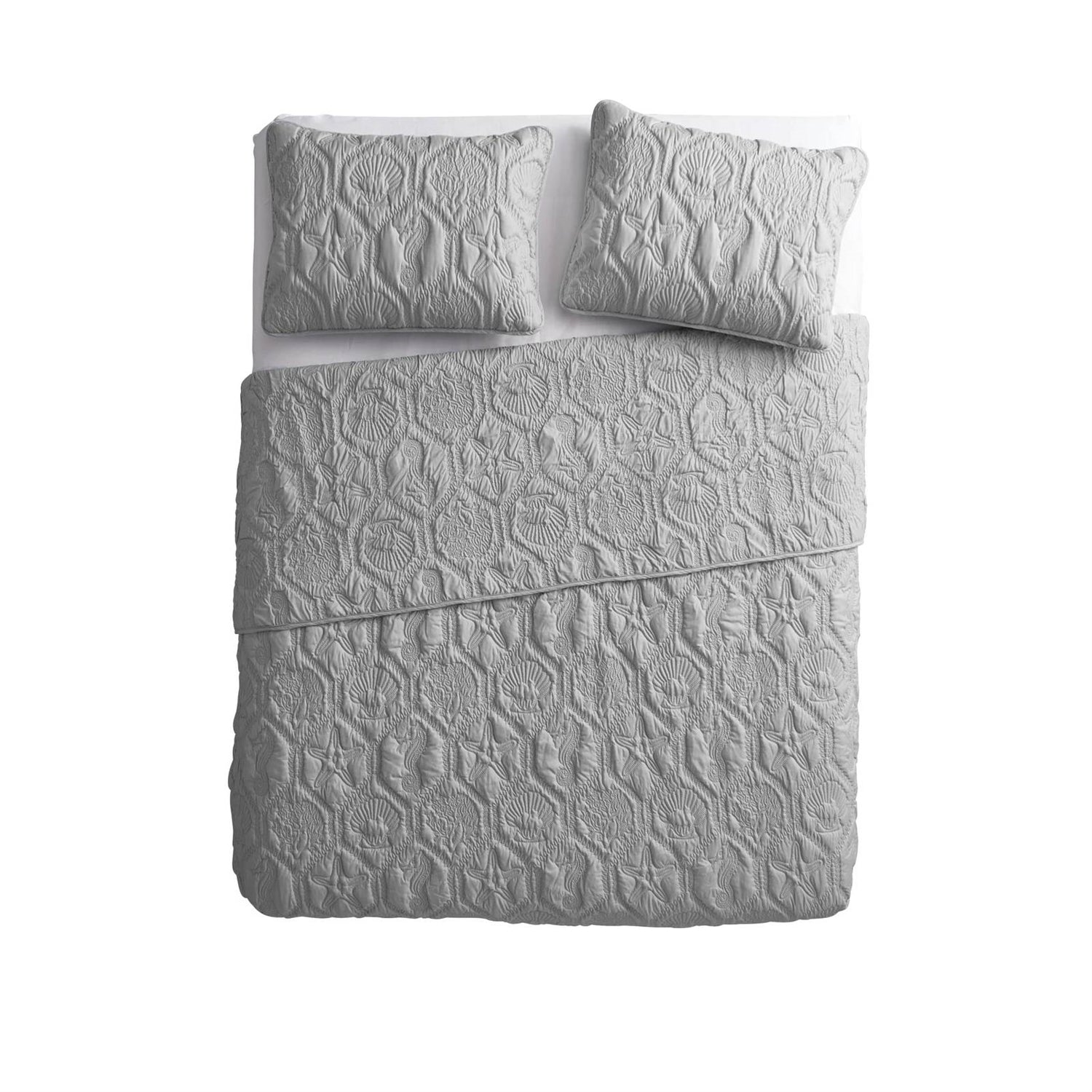 King Coastal Beach Embossed Starfish Seashell Seahorse Grey 3-Piece Quilt Set-4