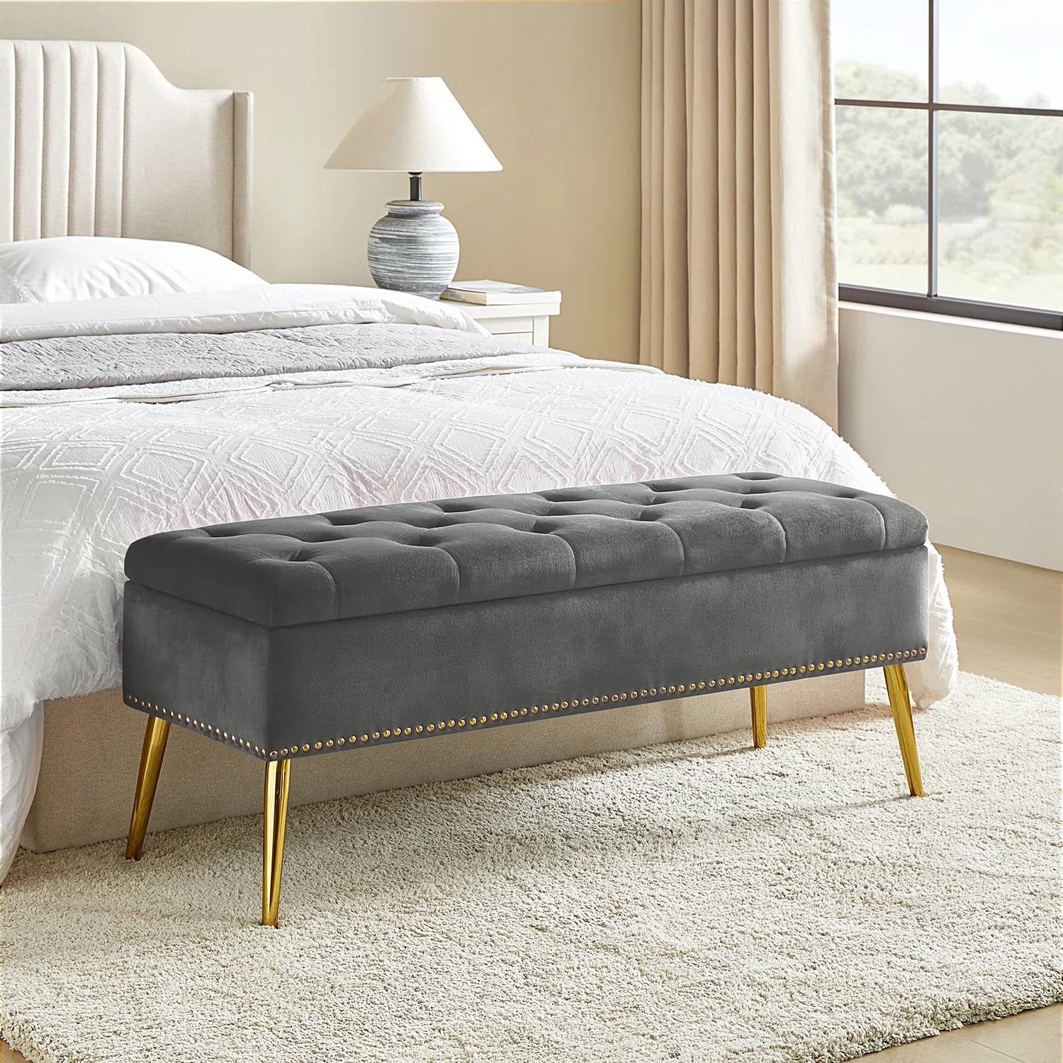 Mid-Century Modern End of Bed Storage Bench with Gray Velvet Seat and Gold Legs-0