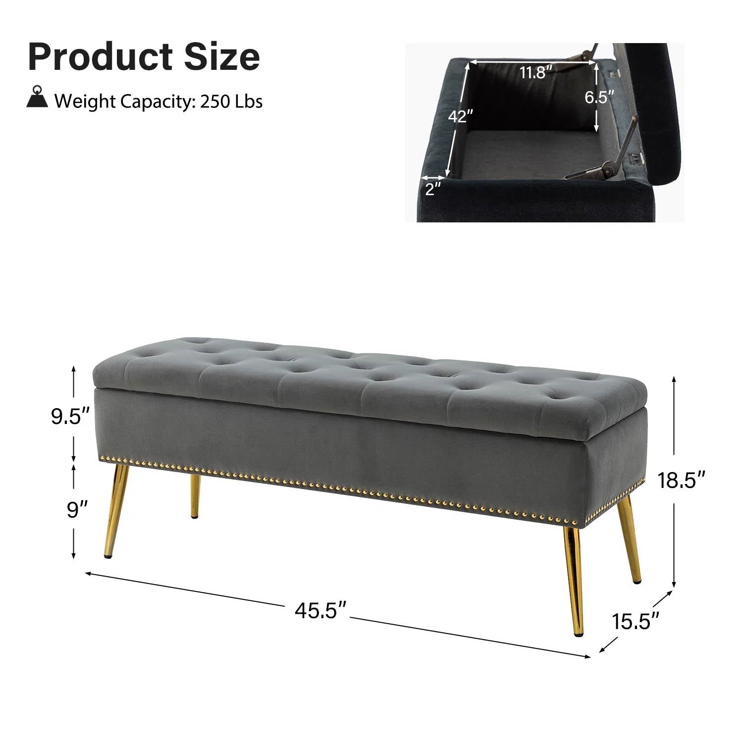 Mid-Century Modern End of Bed Storage Bench with Gray Velvet Seat and Gold Legs-4