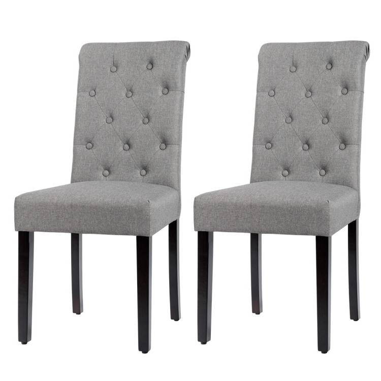 Set of 2 Grey Linen Button Tufted Dining Chair with Wood Legs-0