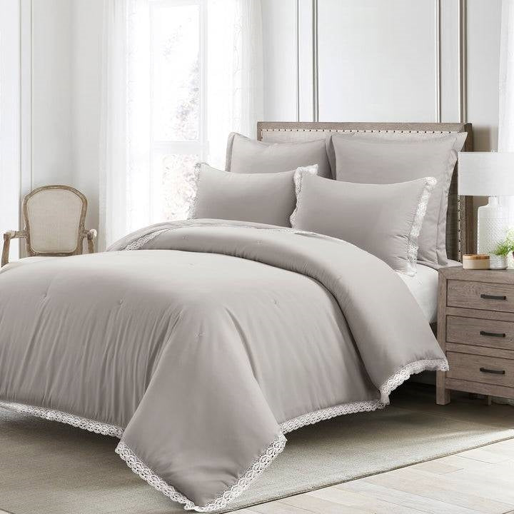 Full/Queen French Country Grey 5-Piece Lightweight Comforter Set w/ Lace Trim-0