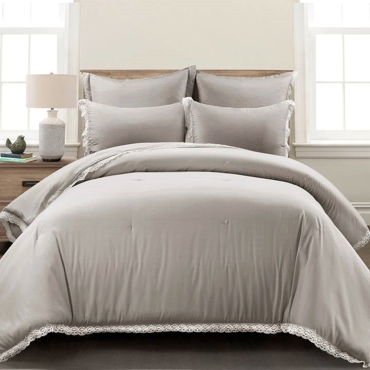 Full/Queen French Country Grey 5-Piece Lightweight Comforter Set w/ Lace Trim-1