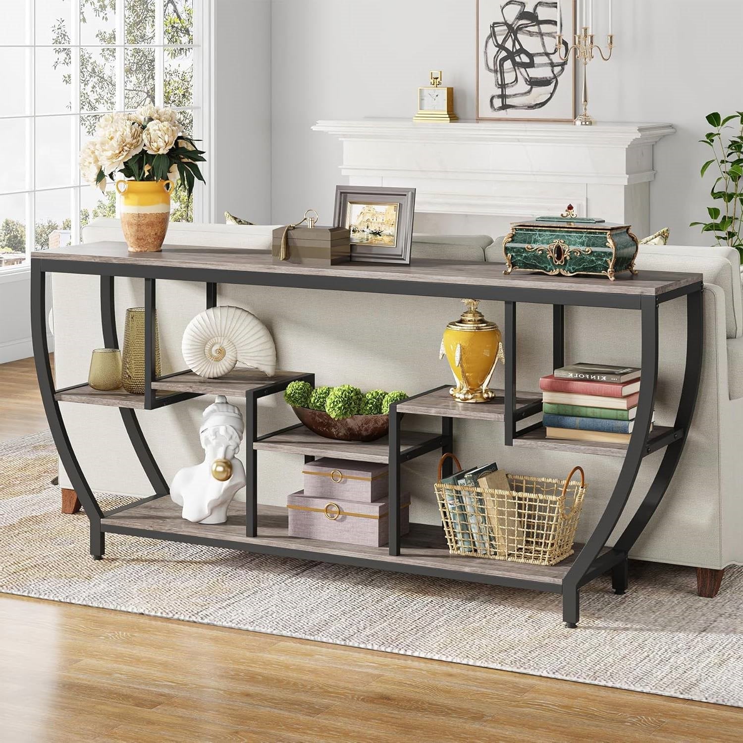 Industrial Chic 70-inch Long Narrow Console Sofa Table with Gray Wood Shelves-0