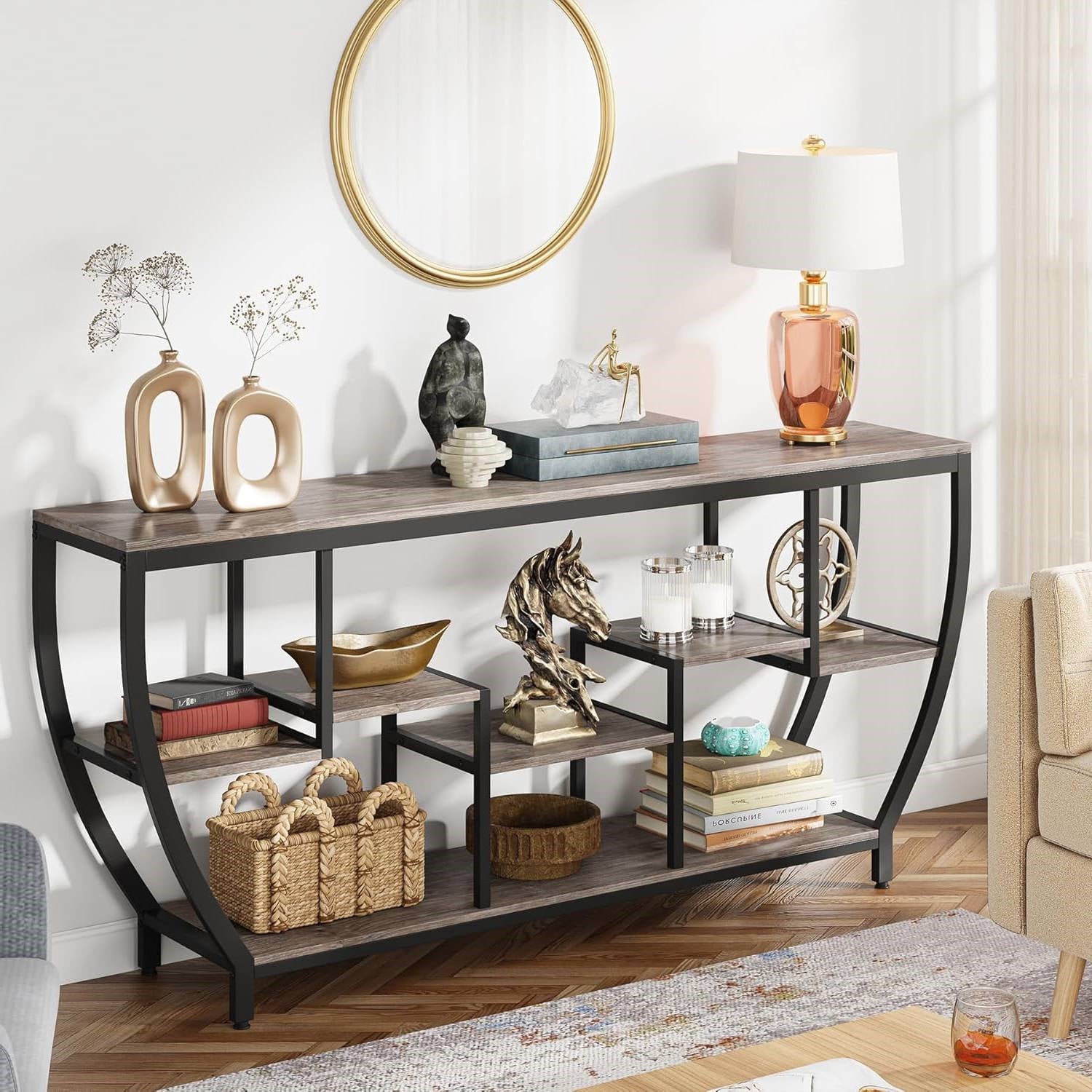 Industrial Chic 70-inch Long Narrow Console Sofa Table with Gray Wood Shelves-3