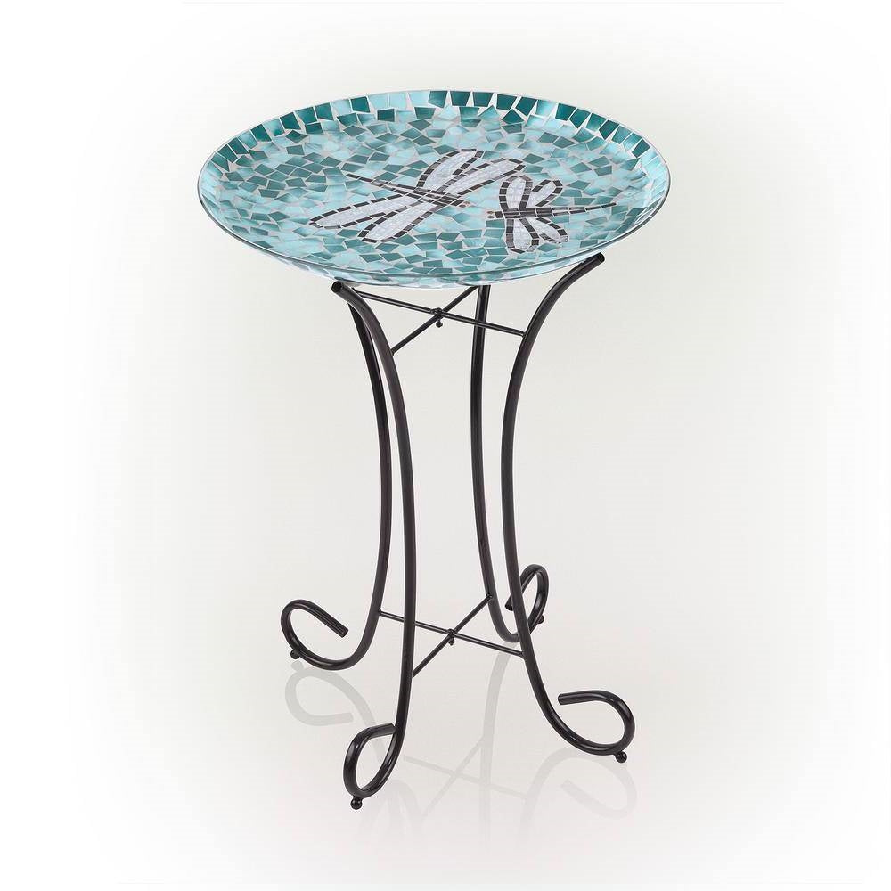 Teal Green Blue White Mosaic Glass Birdbath Bowl with Black Metal Stand-0