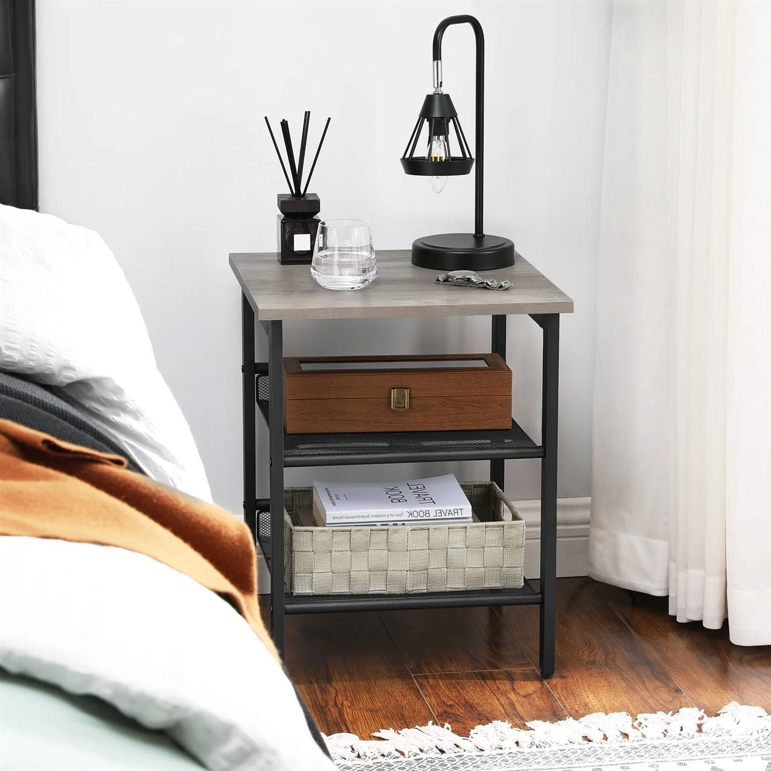 Modern Industrial Side Table Nightstand in Black Metal with Grey Beige Wood Top-0