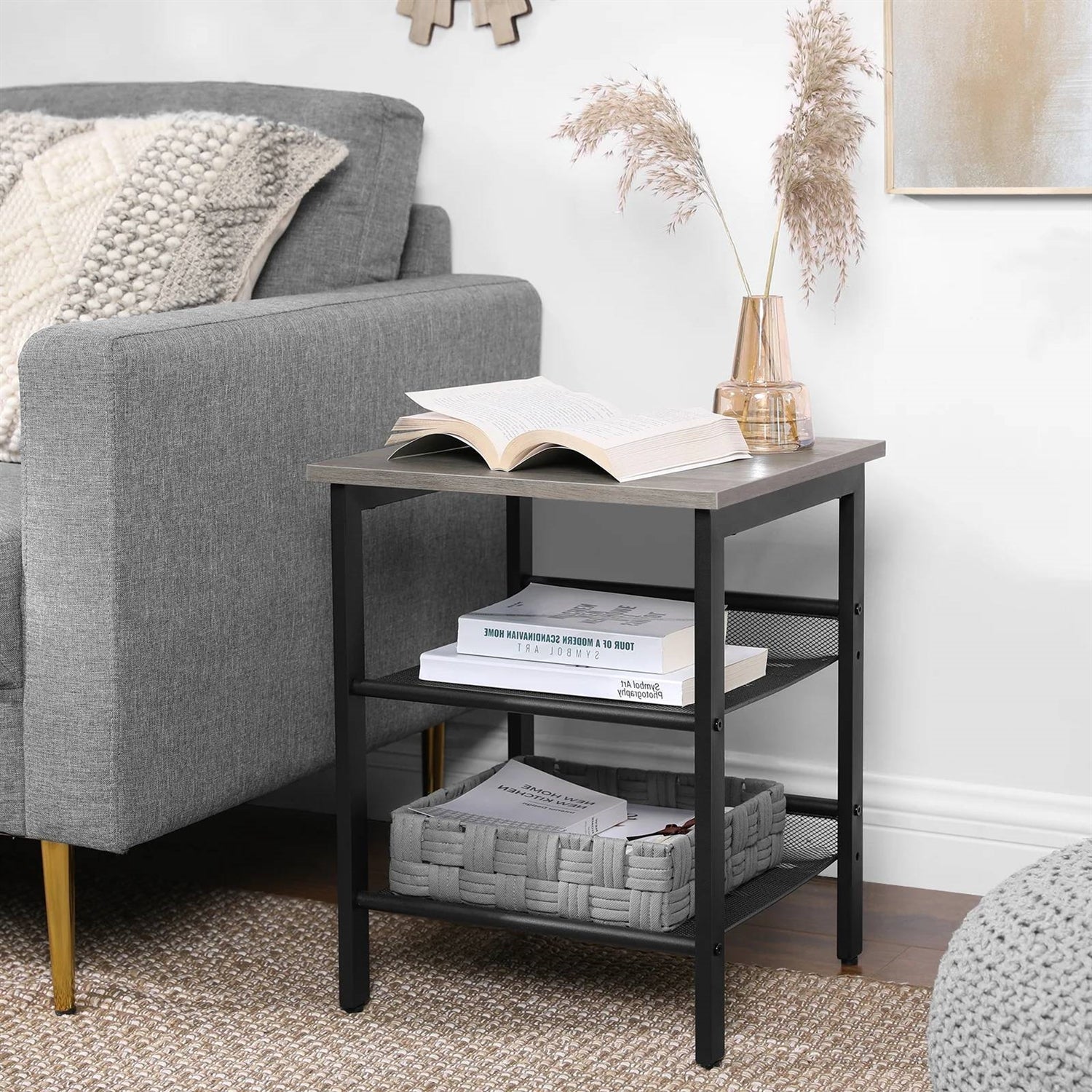 Modern Industrial Side Table Nightstand in Black Metal with Grey Beige Wood Top-3