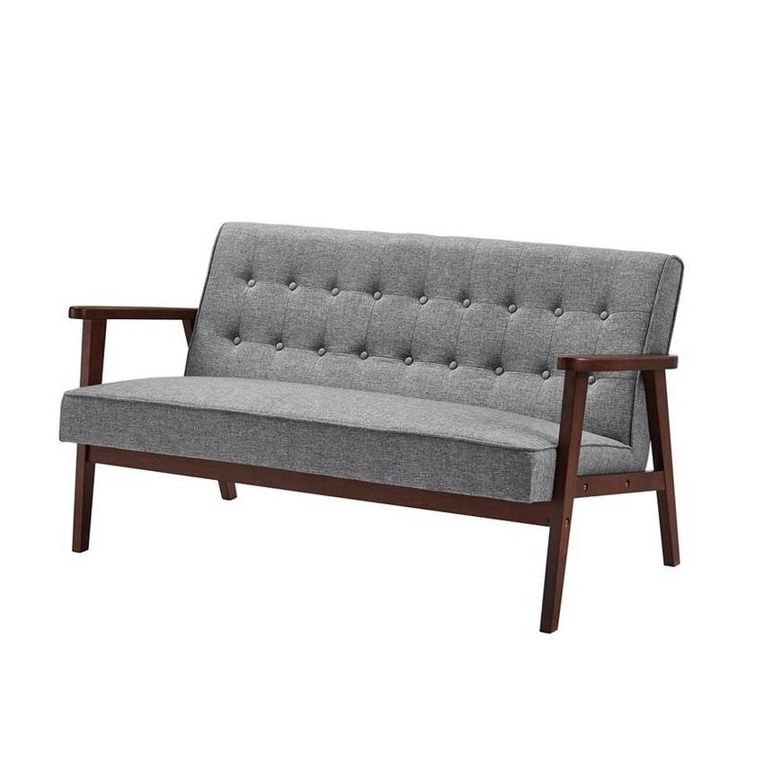 Mid-Century Modern 2-Seat Loveseat Sofa Couch Wood Frame Grey Button Tufted-0