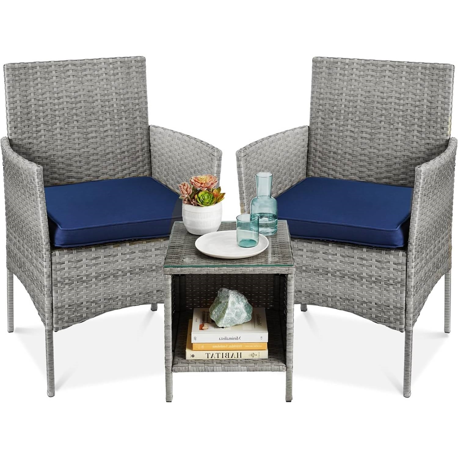 3-Piece Grey PE Wicker Outdoor Patio Furniture Dining Set w/ Navy Blue Cushions-0