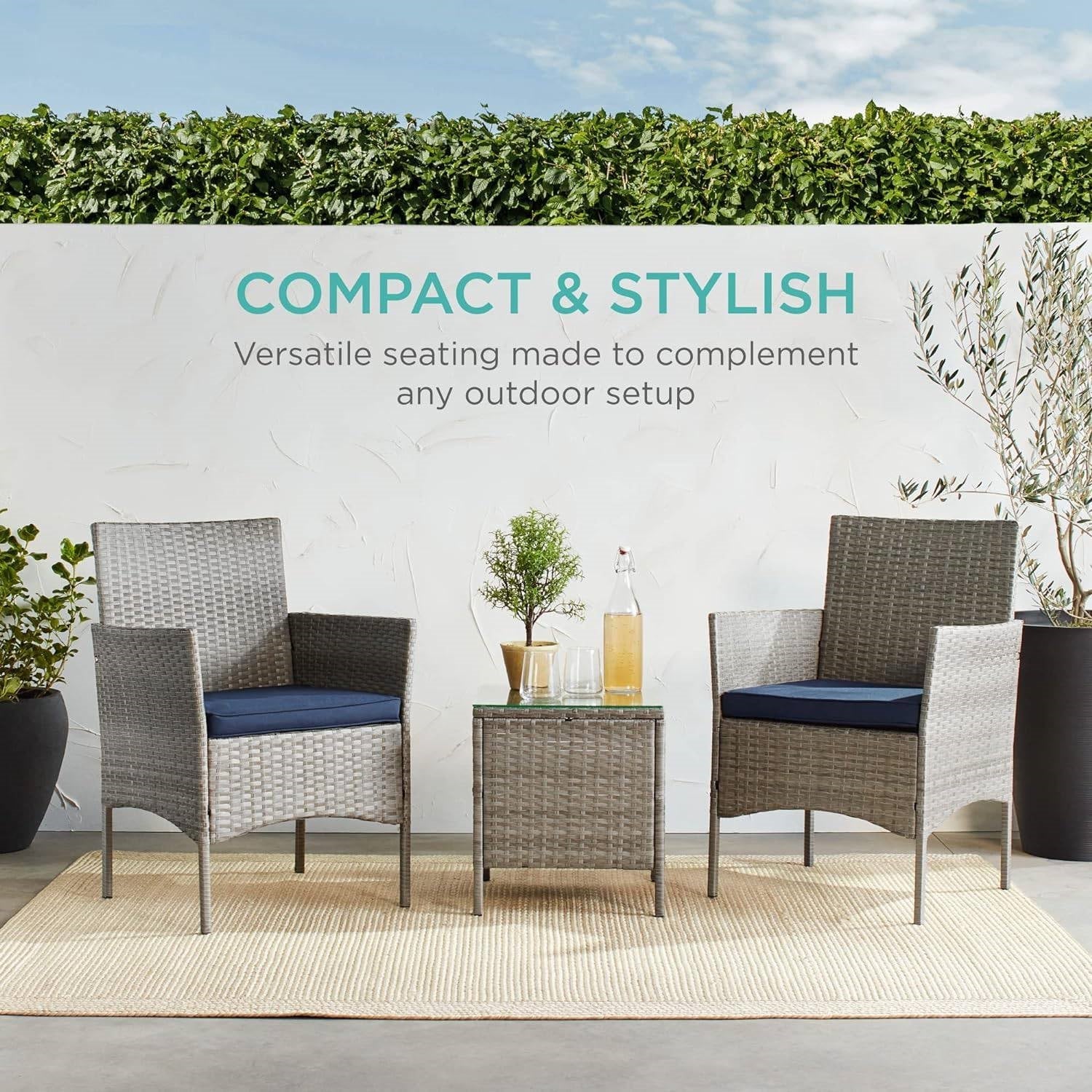 3-Piece Grey PE Wicker Outdoor Patio Furniture Dining Set w/ Navy Blue Cushions-1