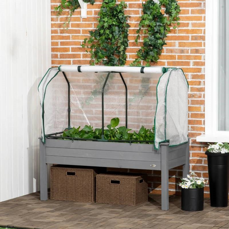 Grey Wood Elevated Raised Garden Bed Planter with Greenhouse Cover-1