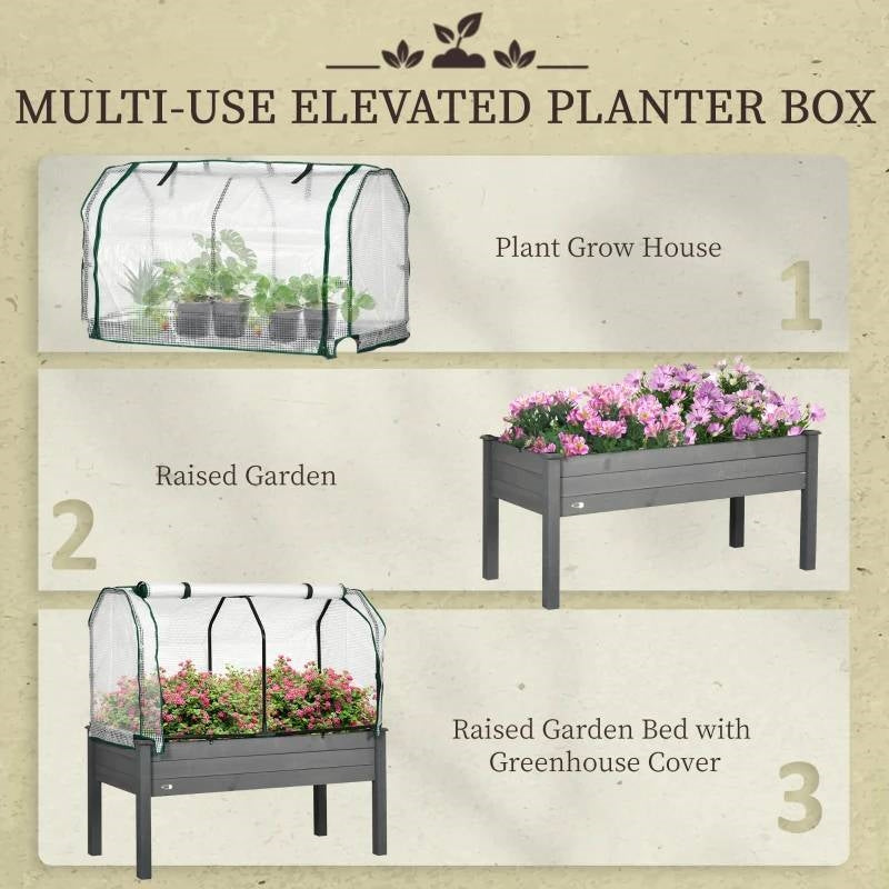 Grey Wood Elevated Raised Garden Bed Planter with Greenhouse Cover-4