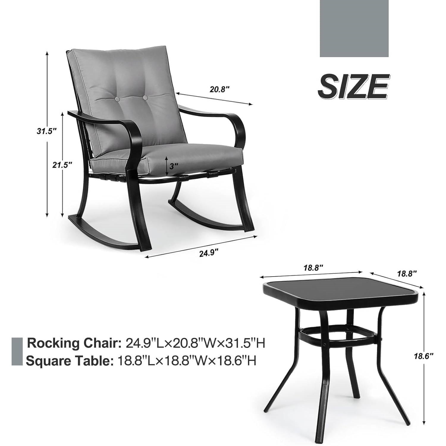 Outdoor 3-Piece Patio Furniture Table Rocking Chairs Set with Grey Cushions-4