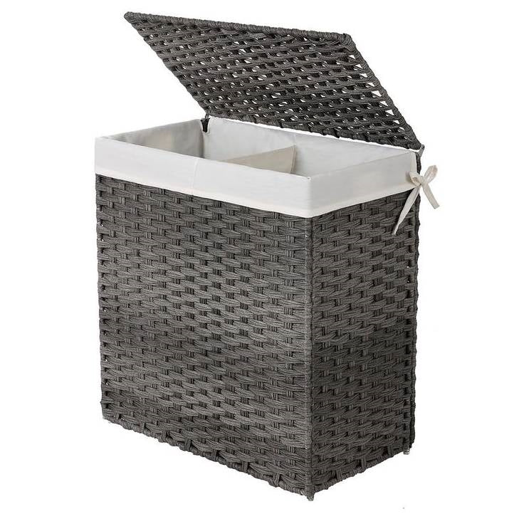 Grey PP Rattan 29-Gal Laundry Hamper Basket w/ 2-Compartment Washable Liner Bag-0