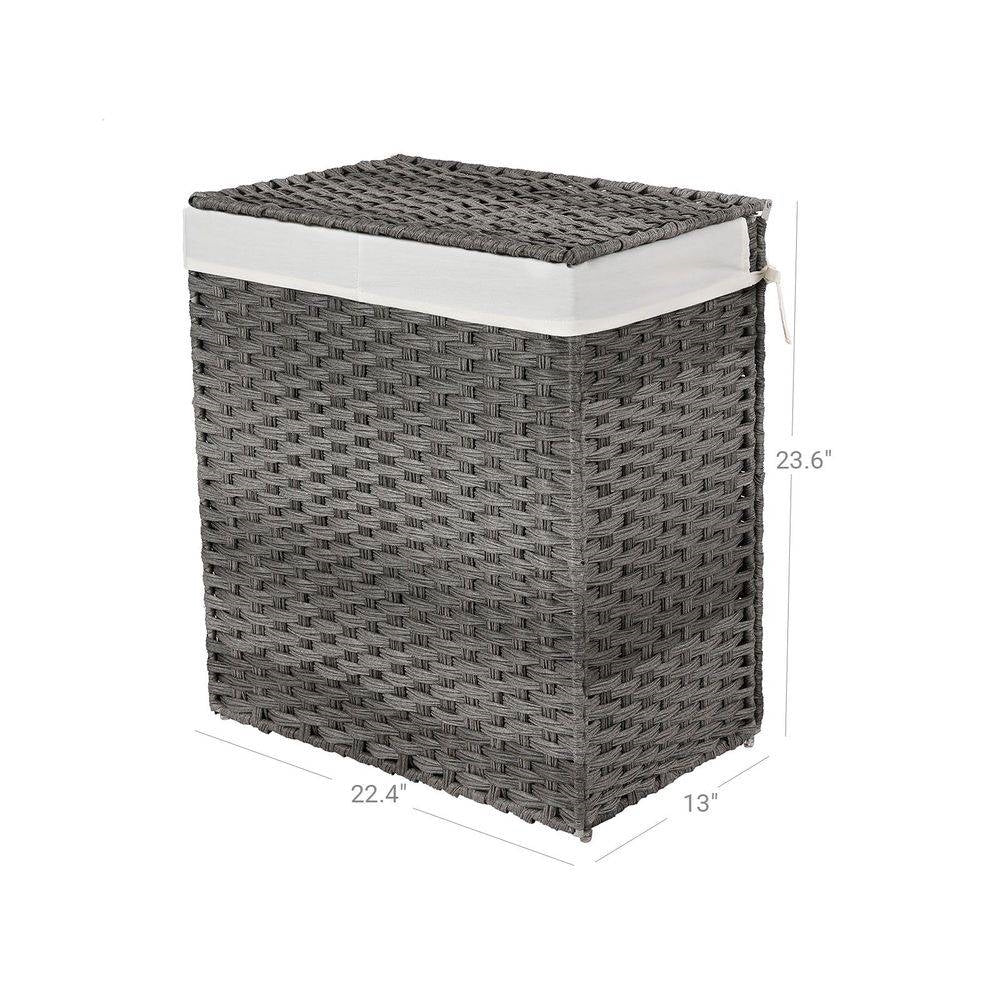 Grey PP Rattan 29-Gal Laundry Hamper Basket w/ 2-Compartment Washable Liner Bag-4