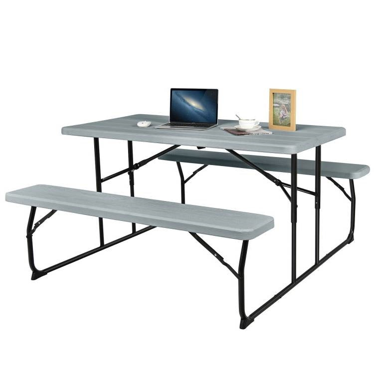 Grey Folding Picnic Table with 2 Benches Outdoor Patio Dining Set-0