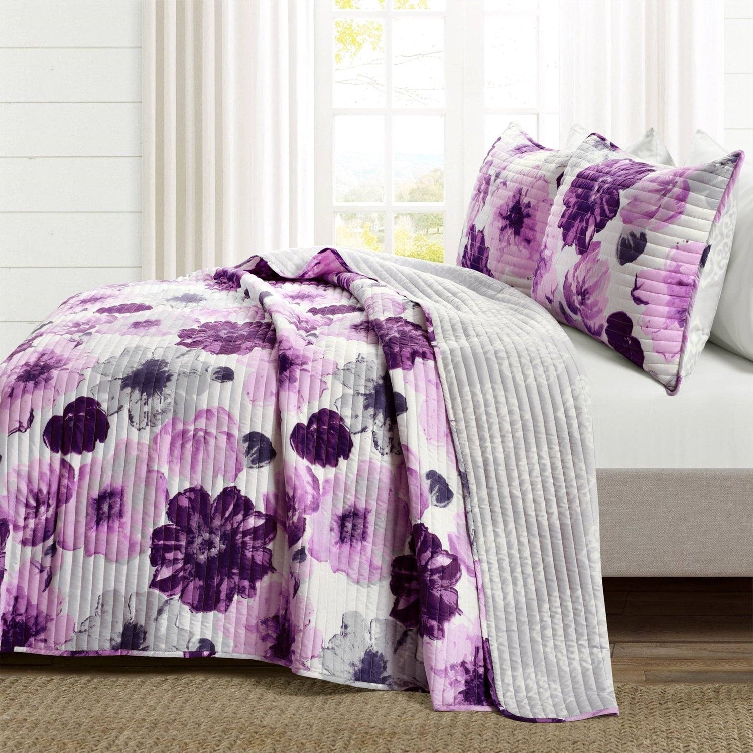 King size Purple Grey Flowers Lightweight Polyester Microfiber Quilt Set-1