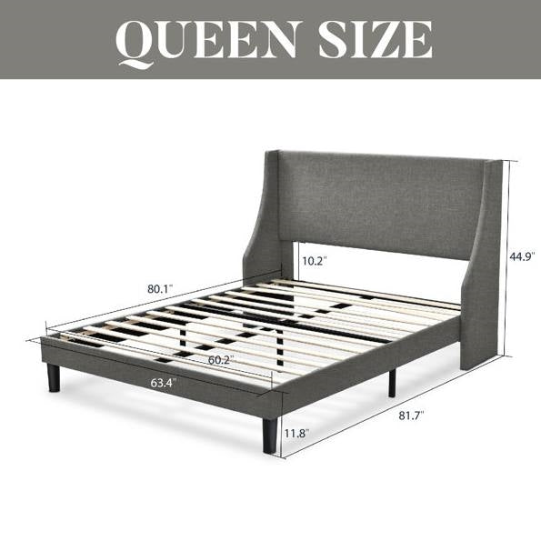 Queen Size Grey Linen Blend Upholstered Platform Bed with Wingback Headboard-4