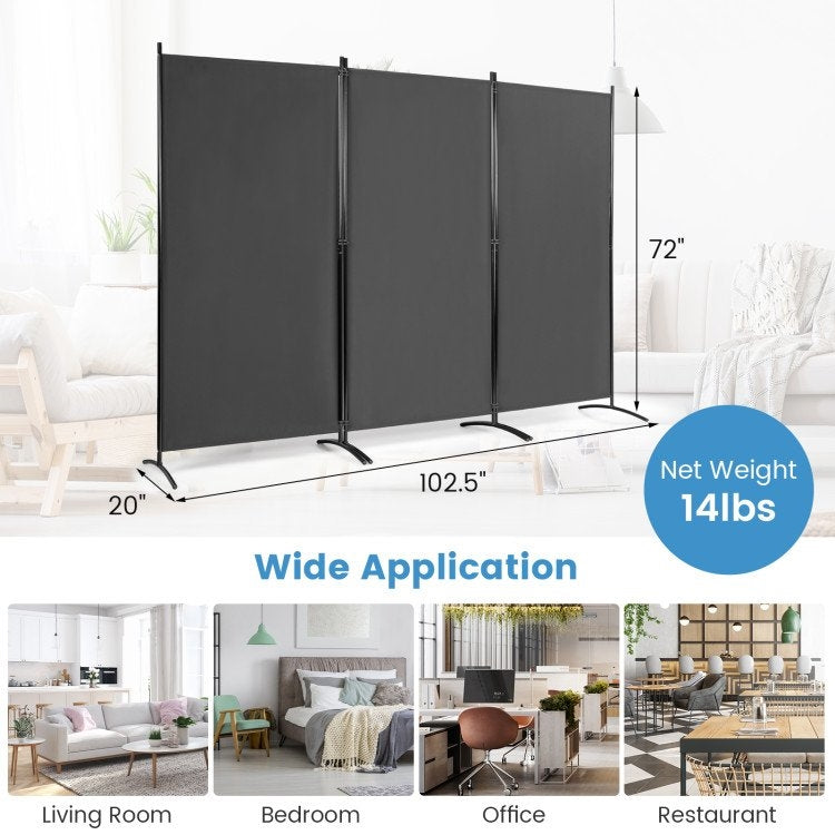 6-Ft Grey 3-Panel Room Divider Screen with Steel Base and Heavy Duty Hinges-4