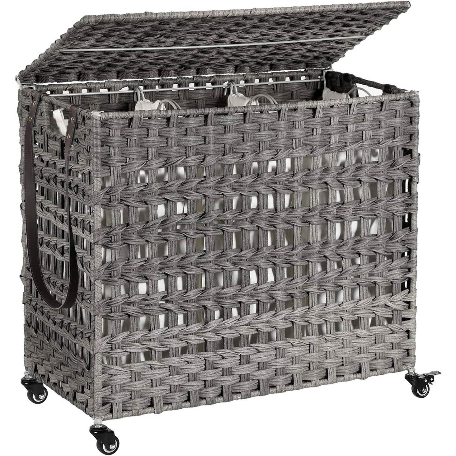 Grey PP Rattan 3-Basket Laundry Hamper Sorter Cart with Removable Cotton Bags-2