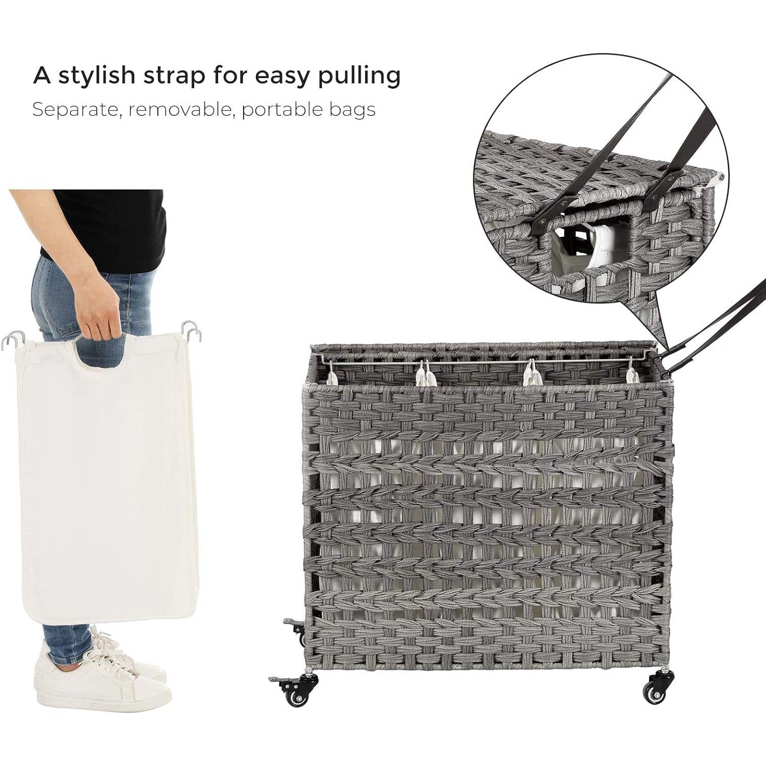 Grey PP Rattan 3-Basket Laundry Hamper Sorter Cart with Removable Cotton Bags-3