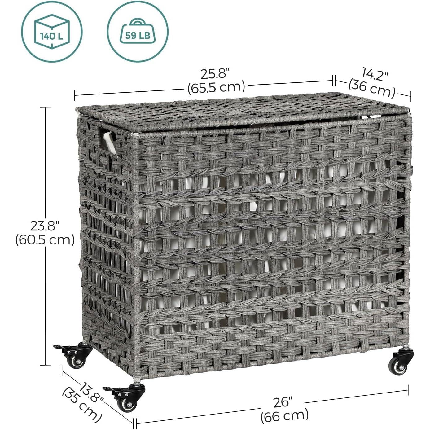 Grey PP Rattan 3-Basket Laundry Hamper Sorter Cart with Removable Cotton Bags-4