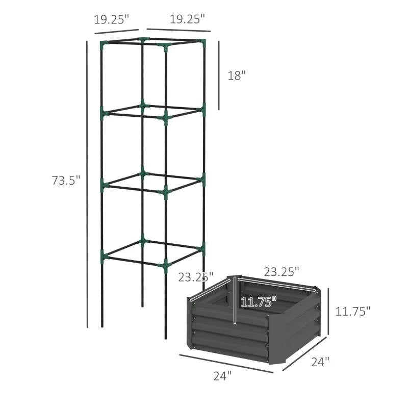 Grey Galvanized Open Bottom Raised Garden Bed Planter with Tomato Cage Trellis-3