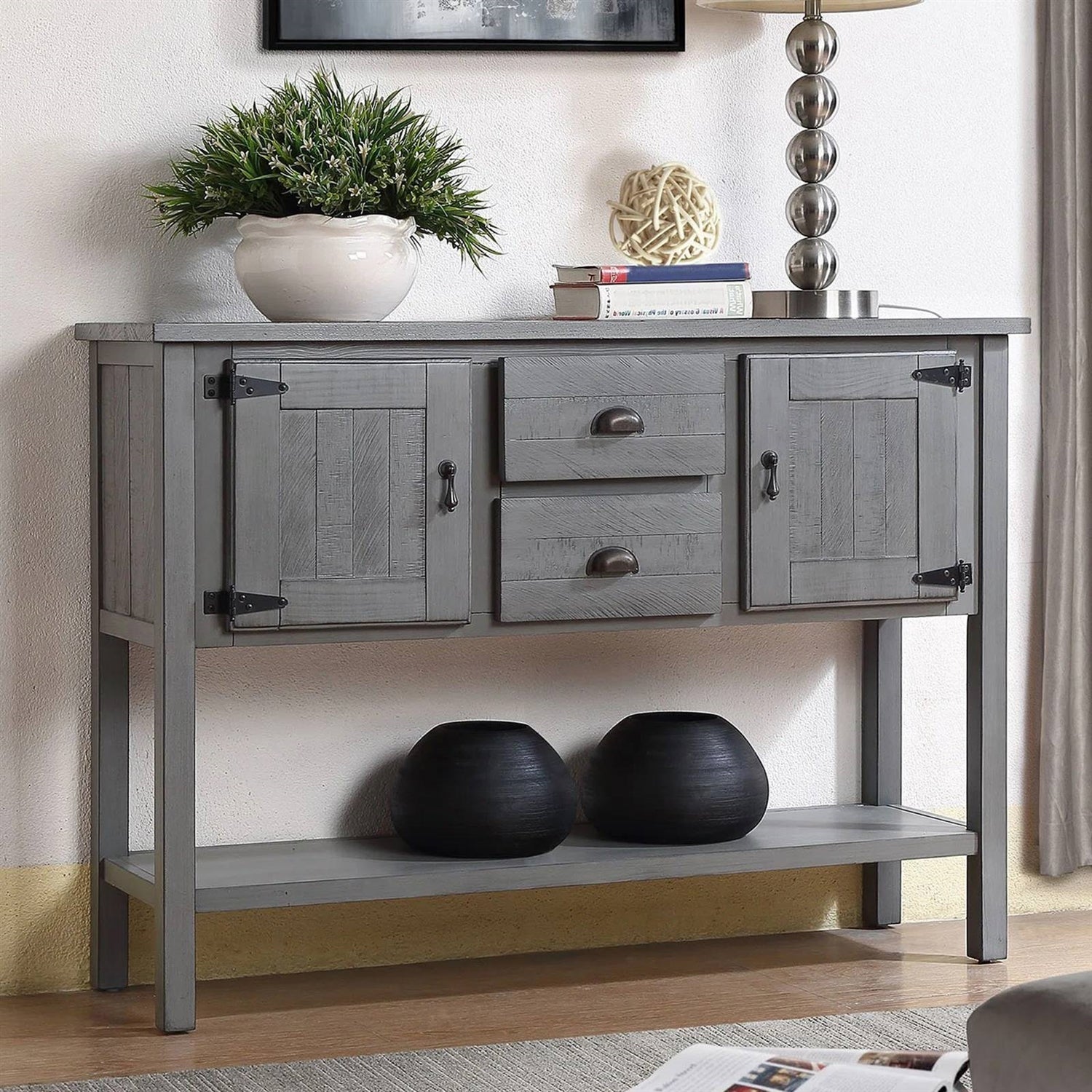 Solid Wood Farmhouse Sofa Table Sideboard Cabinet with Storage Drawers in Grey-0