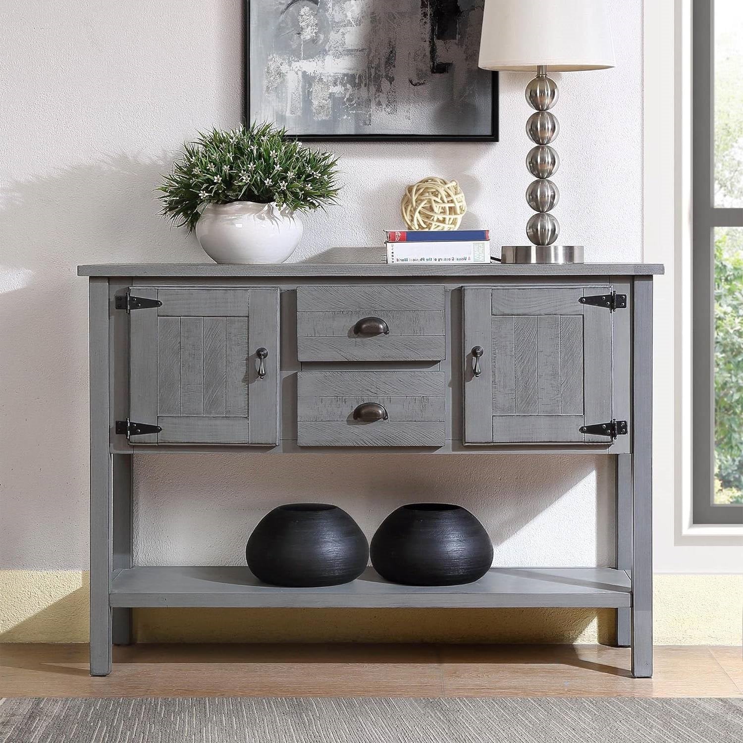 Solid Wood Farmhouse Sofa Table Sideboard Cabinet with Storage Drawers in Grey-1