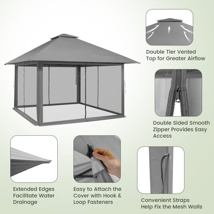 Grey 13 x 13 Ft Pop-Up Gazebo Outdoor Canopy w/ Mesh Mosquito Netting Sidewalls-3