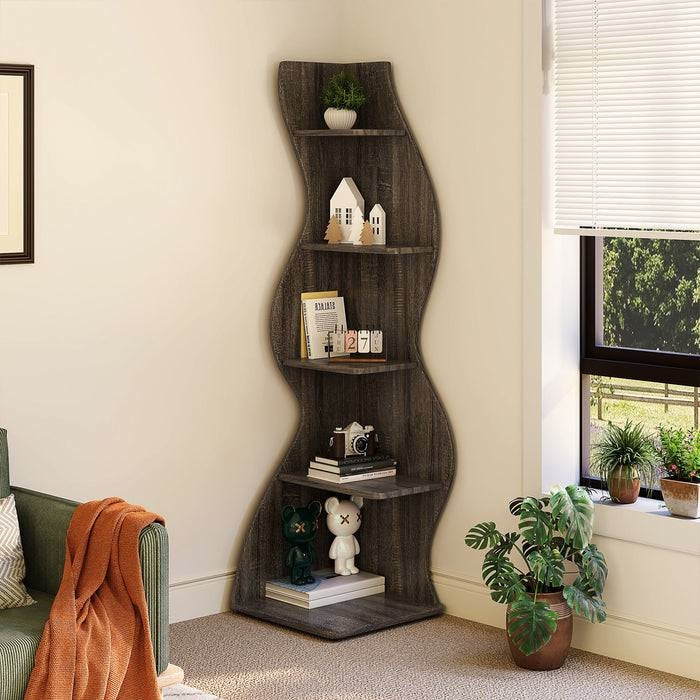 Modern 5 Shelf Corner Bookcase in Grey Wood Finish-0