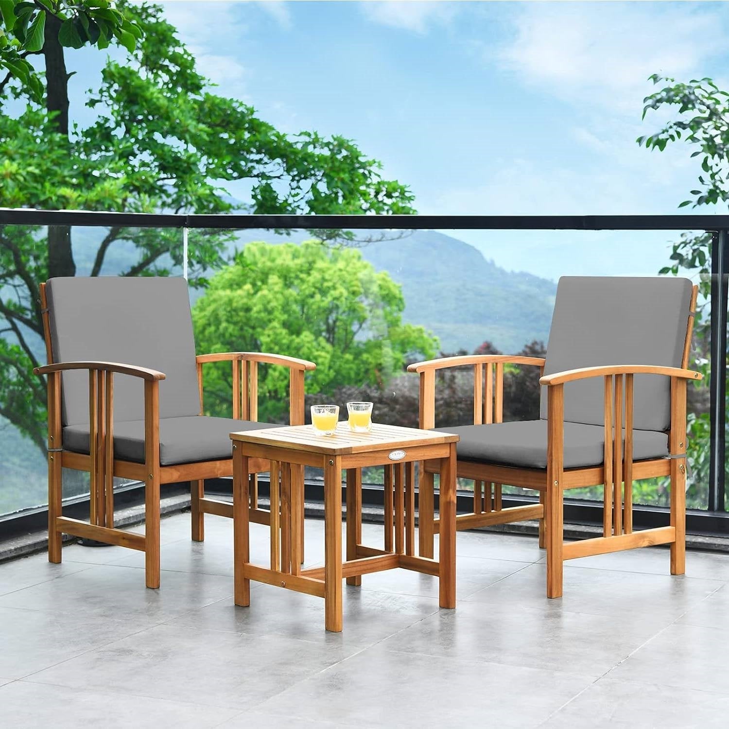 3-Piece Solid Wood Outdoor Patio Furniture Chairs Table Set with Grey Cushions-2