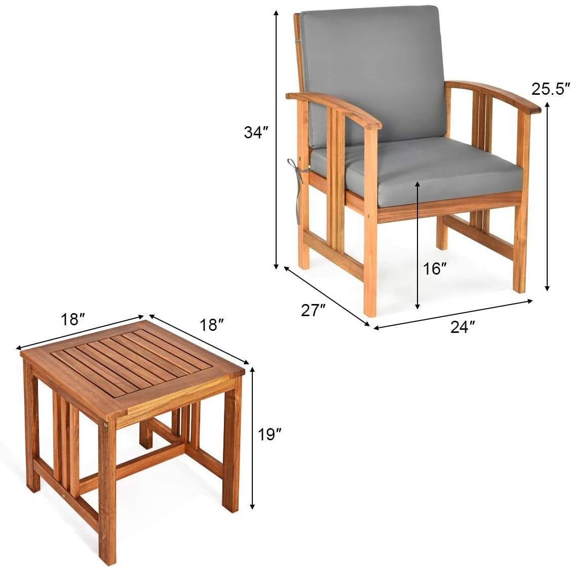 3-Piece Solid Wood Outdoor Patio Furniture Chairs Table Set with Grey Cushions-4