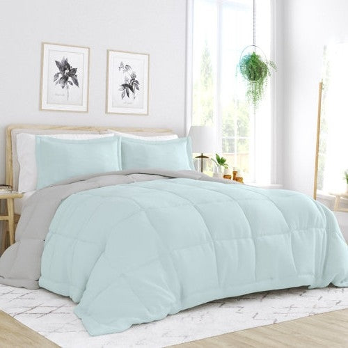 Full/Queen size 3-Piece Microfiber Reversible Comforter Set Aqua Blue and Grey-0