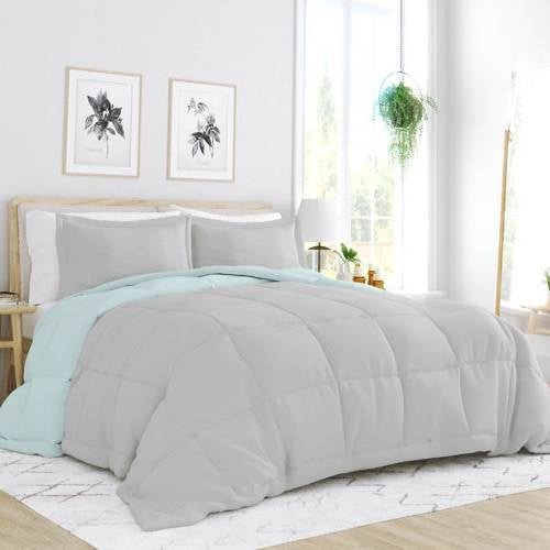 Full/Queen size 3-Piece Microfiber Reversible Comforter Set Aqua Blue and Grey-1