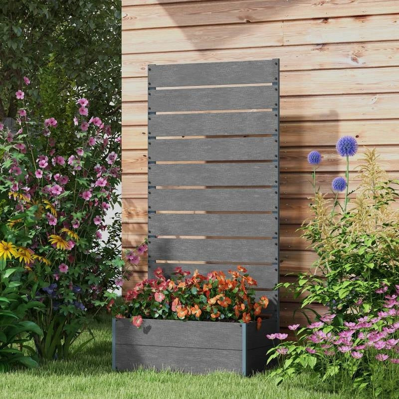 Outdoor Garden Raised Bed Planter with Slatted Fence Trellis in Grey Wood Finish-1