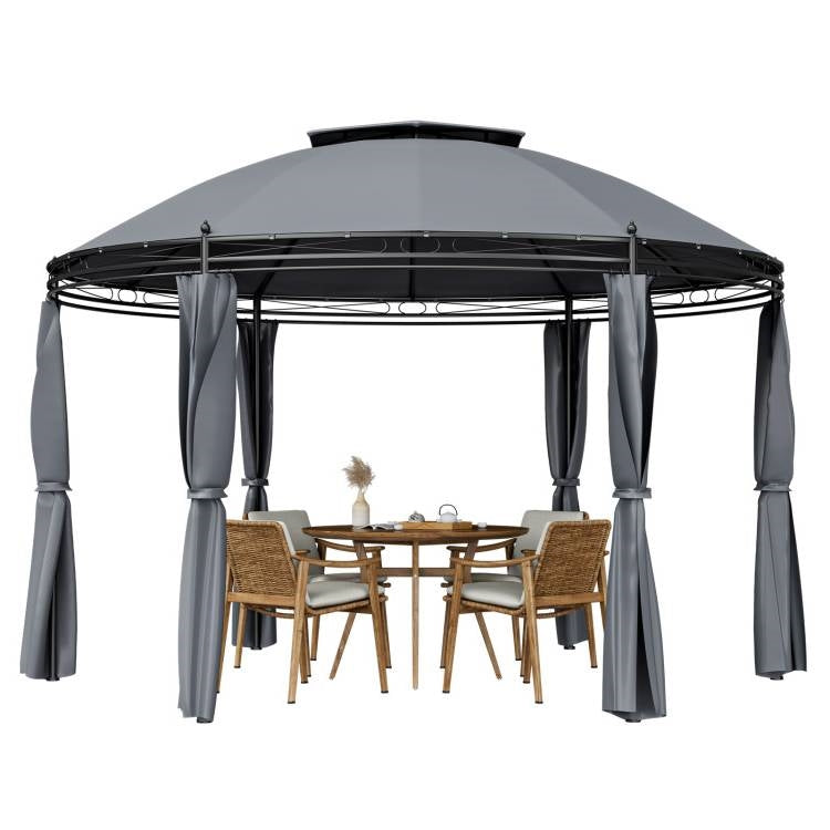 Circular Dome Hexagon Gazebo Canopy with Polyester Privacy Curtain in Grey-0