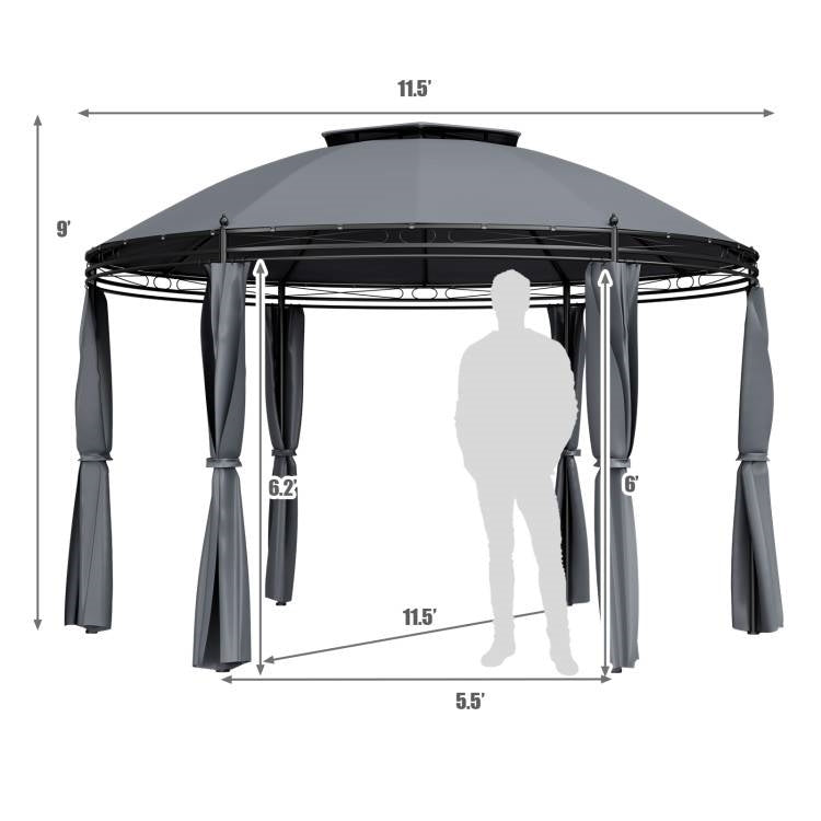 Circular Dome Hexagon Gazebo Canopy with Polyester Privacy Curtain in Grey-2